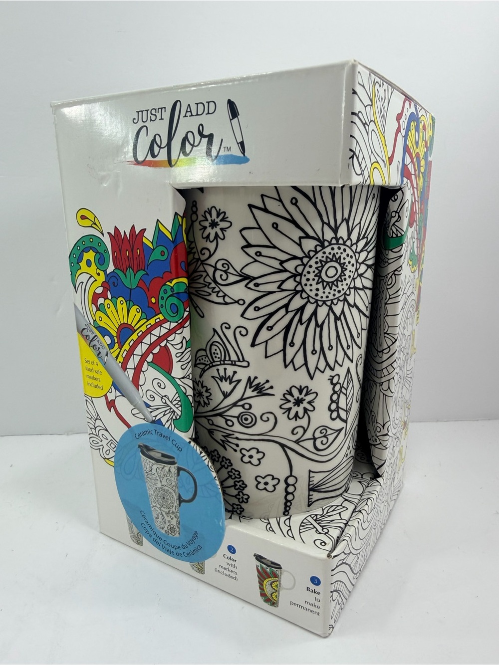 Just Add Color DIY Ceramic Travel Cup Lori Siebert Floral 17oz New with Markers